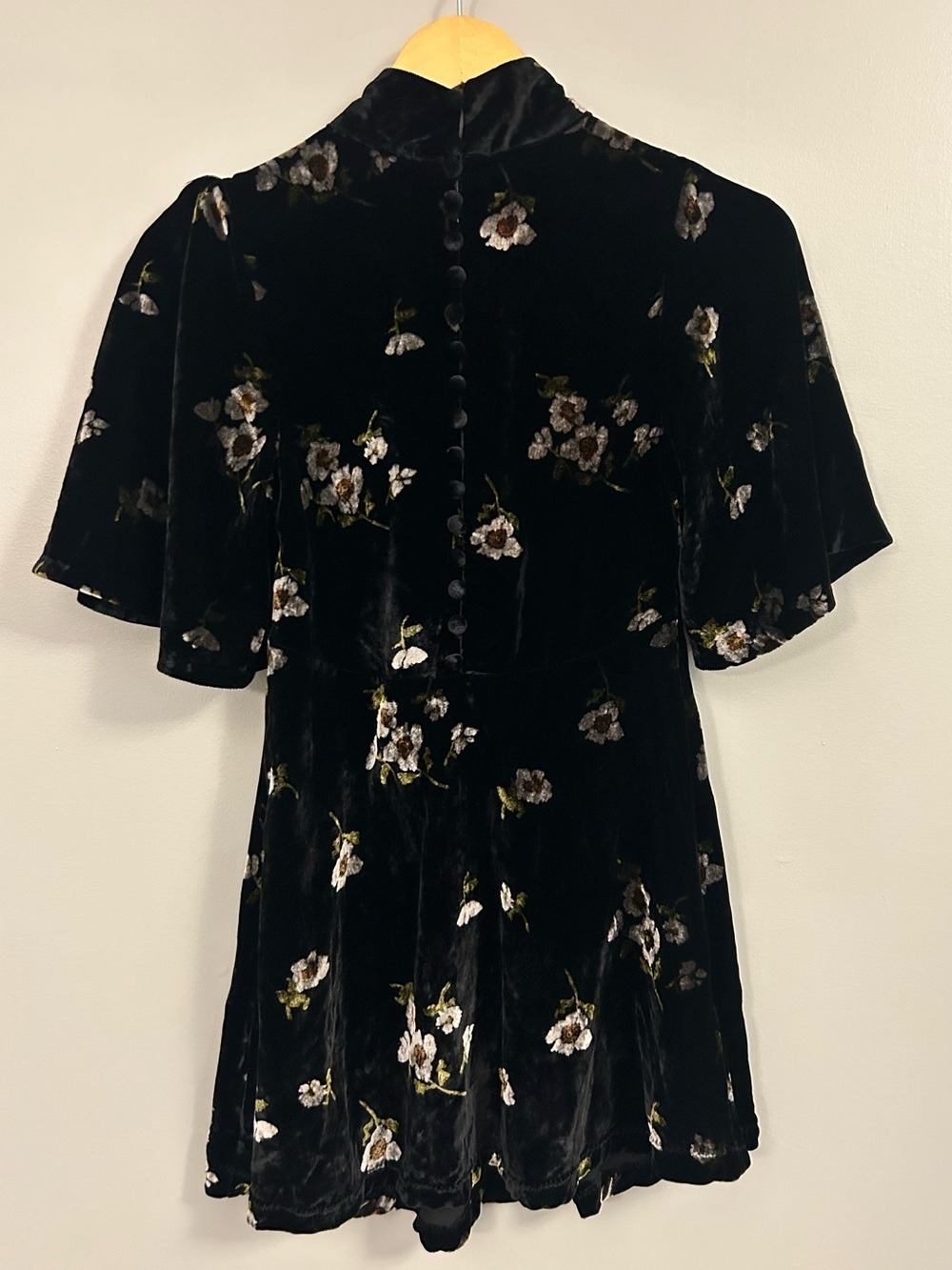 Free People Be My Baby Black Floral Velvet Mini Dress with Flutter Sleeves Sz 2 - Picture 9 of 11